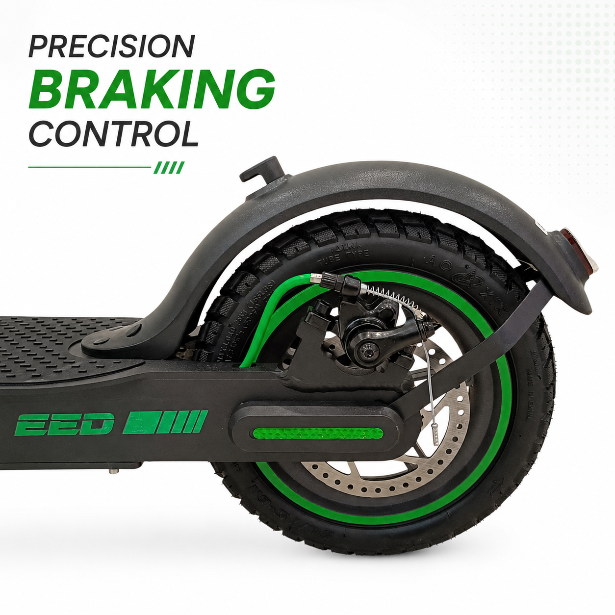 M365 P1 MAX rear disc brake and pneumatic tire close-up