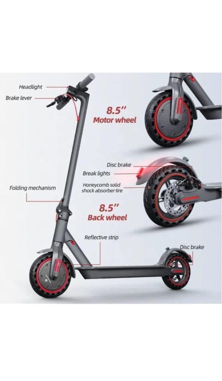 M365 Foldable E-Scooter overview highlighting folding mechanism, disc brake and 8.5-inch burst Proof Tires