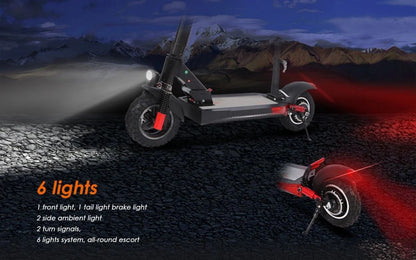 Kugoo M4 Pro electric scooter with bright LED headlight and rear brake light.