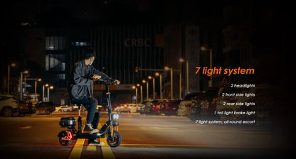 Lifestyle image of Kugoo M5 Pro showing front lights
