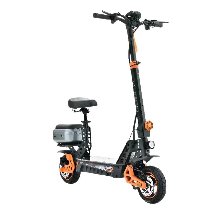 KUGOO M6 Plus 2000W seated e-scooter front angle with rear luggage box and 10-inch off-road tyres