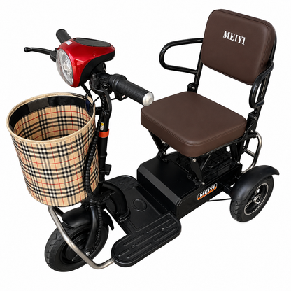 MM-01 Mobility Scooter front angle showing convenience bag and cushioned seat