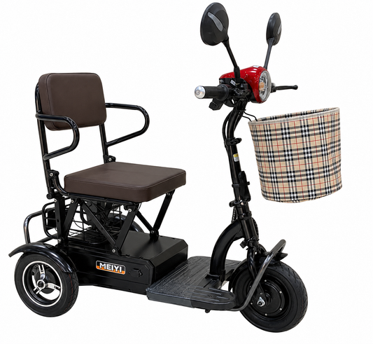 MM-01 Tri-Wheels Single Seater Mobility Scooter with Convenience Bag front three-quarter view