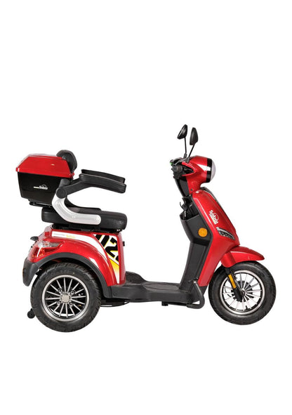 CM-02 Tri Wheel Mobility E-Bike left side profile with spacious seat and luggage box