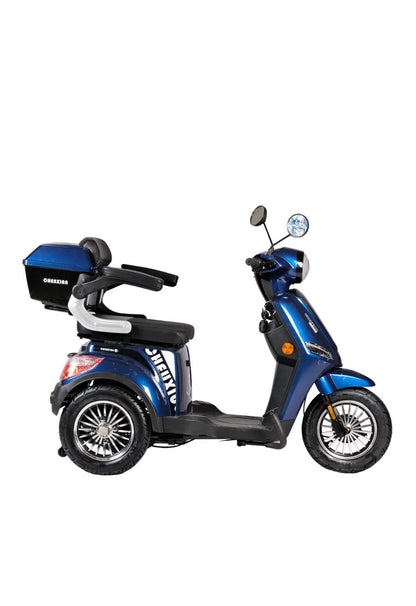 CM-02 Tri Wheel Mobility E-Bike blue side profile with rear luggage box