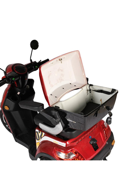 CM-02 Tri Wheel Mobility E-Bike open rear luggage compartment showing storage capacity