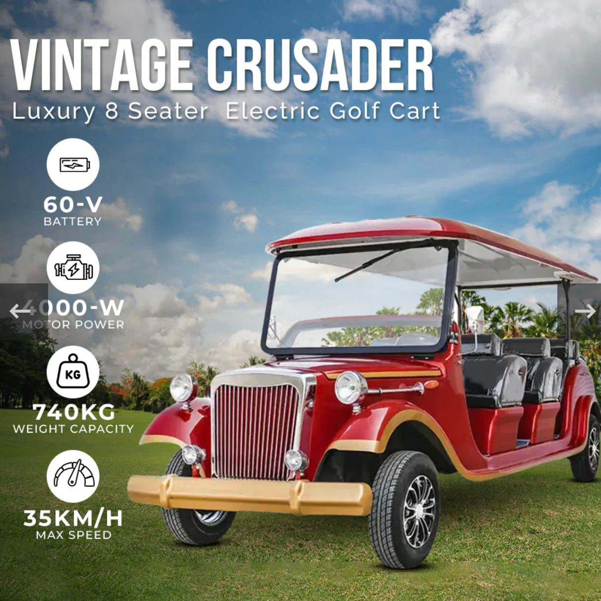 Classic Vintage Crusader 8 Seater Electric Golf Cart on luxury golf course showcasing vintage design and premium electric performance