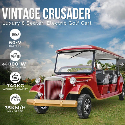 Classic Vintage Crusader 8 Seater Electric Golf Cart on luxury golf course showcasing vintage design and premium electric performance