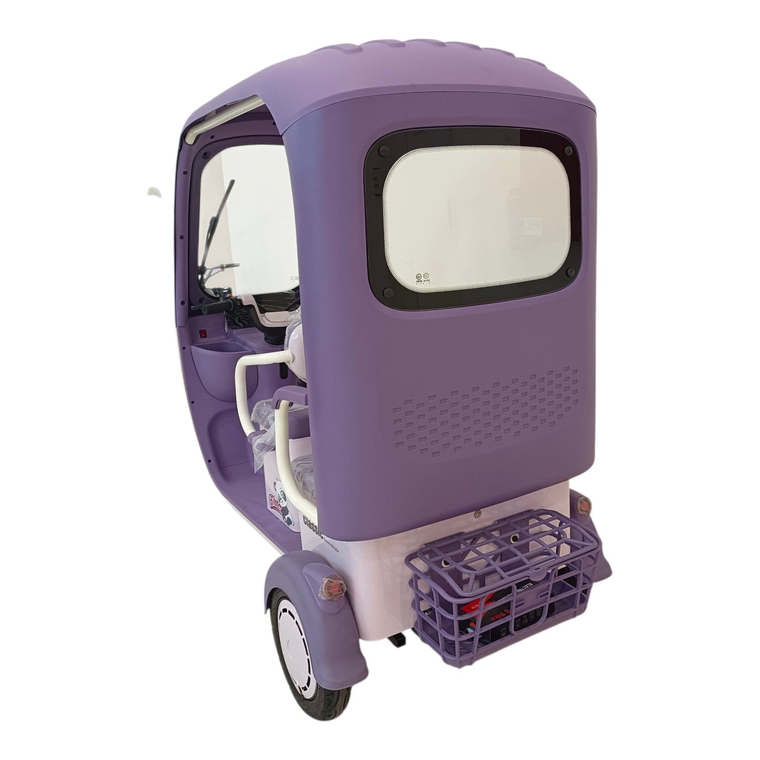 Purple F7D Tri-Wheel Multi Seater E-Bike with Roof & Rear Luggage Basket rear view featuring luggage basket and enclosed cabin