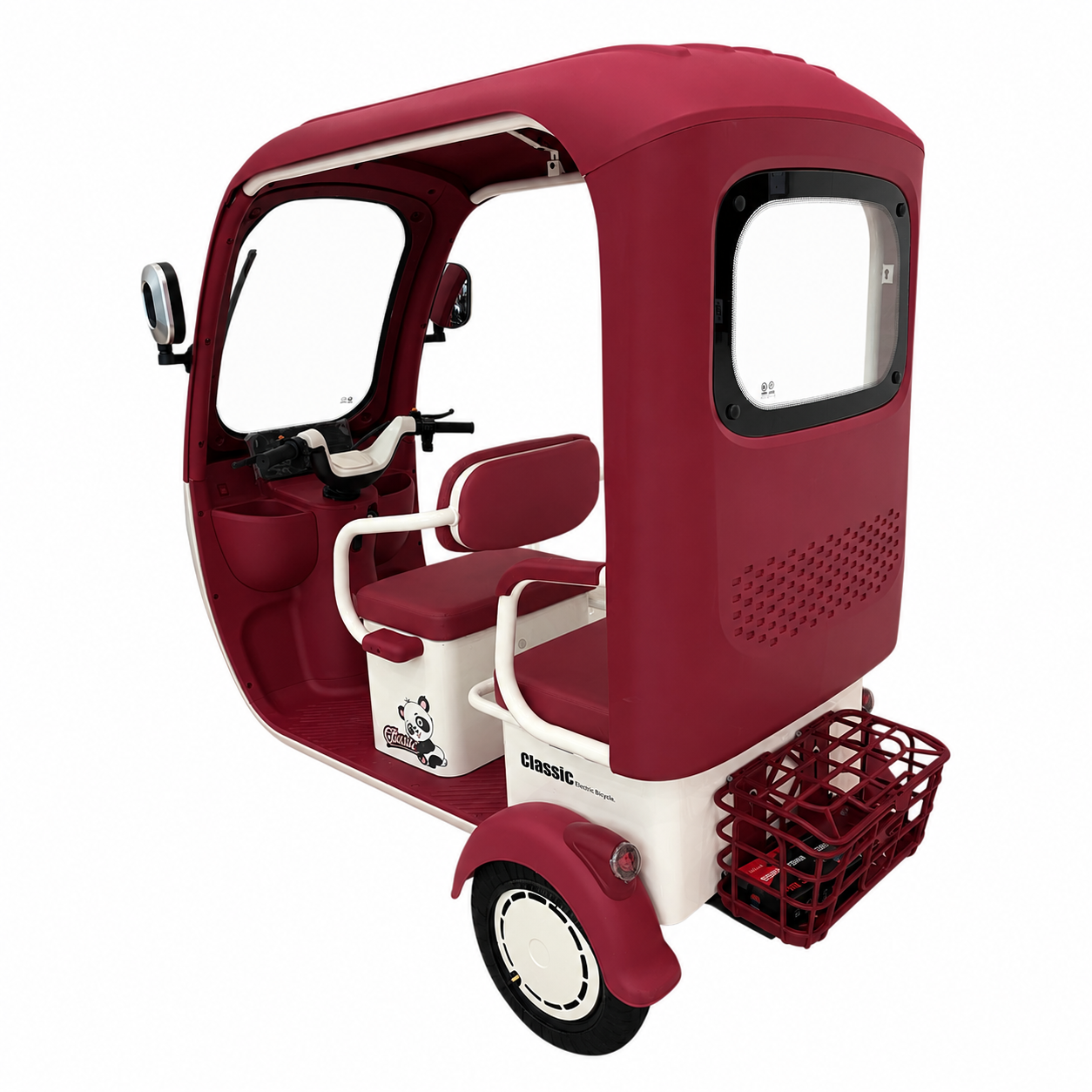 Rear left three-quarter view of F7D Tri-Wheel Multi Seater E-Bike with Roof & Rear Luggage Basket showing rear luggage basket and enclosed roof