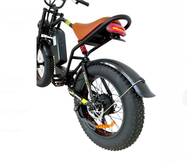 Rear wheel of S1 Fat Tire E-Bike with disc brake, hub motor, suspension and wide 20x4 inflatable tire