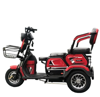 RockFlock W7 Electric Trike with Convertible Passenger Seats & Front Basket - Red Side View