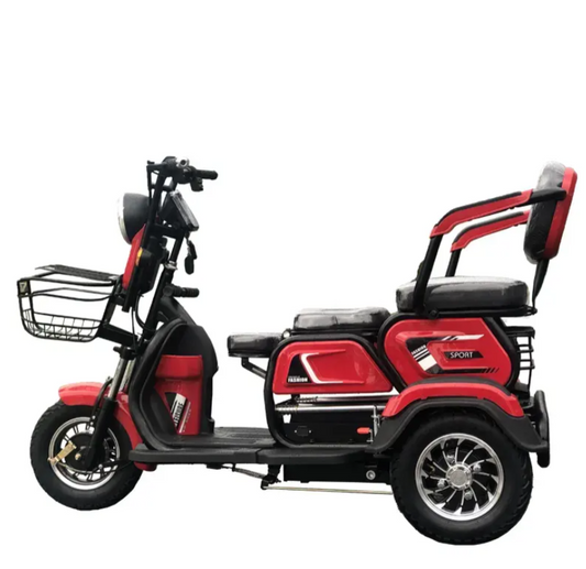RockFlock W7 Electric Trike with Convertible Passenger Seats & Front Basket - Red Side View