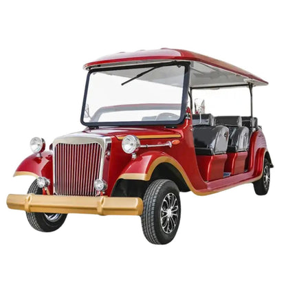 Classic Vintage Crusader 8 Seater Electric Golf Cart red color premium resort shuttle front angle view