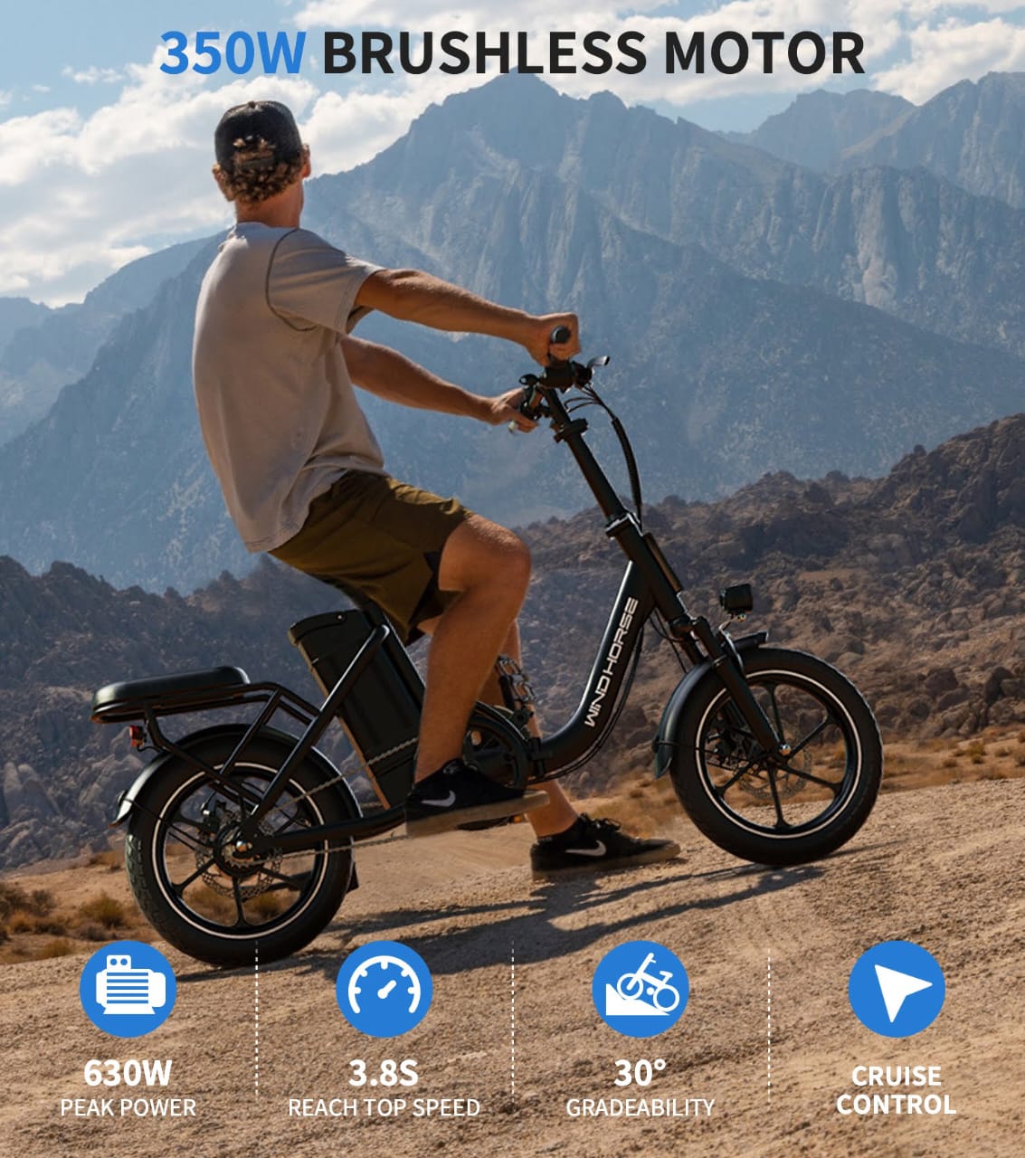 WindHorse W2B pedal assisted electric bike riding on mountain road