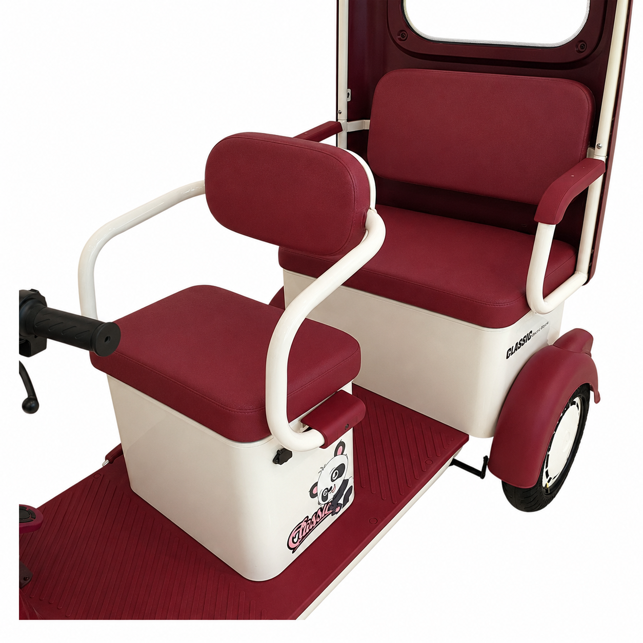 Comfortable front and rear seating of F7D Tri-Wheel Multi Seater E-Bike with Roof & Rear Luggage Basket