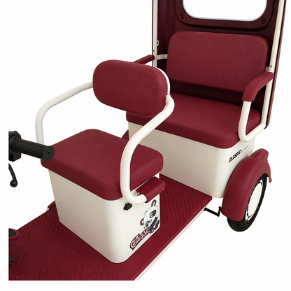 Comfortable front and rear seating of F7D Tri-Wheel Multi Seater E-Bike with Roof & Rear Luggage Basket