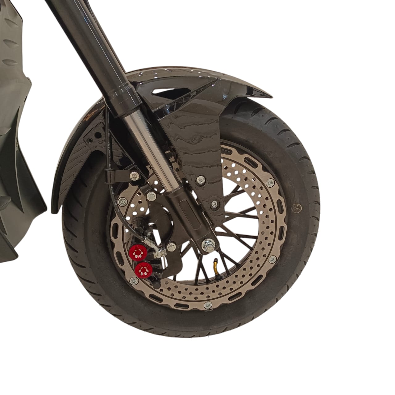 Close up of front wheel and suspension