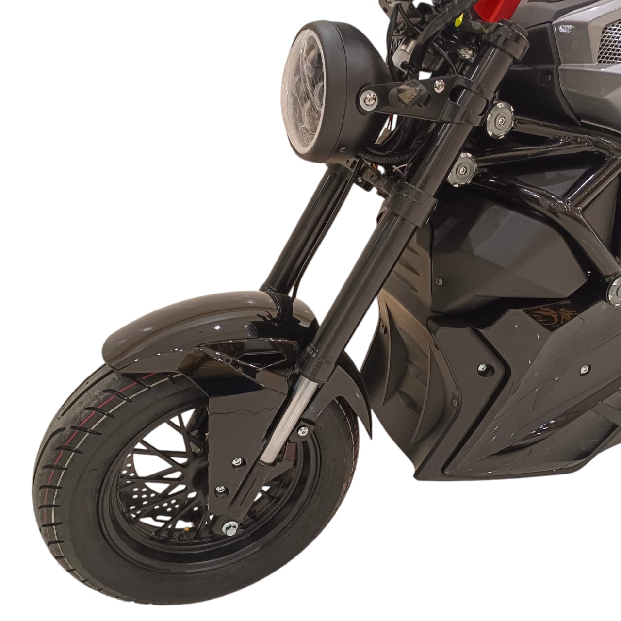 Front suspension and disc brake detail of A-1 electric motorcycle