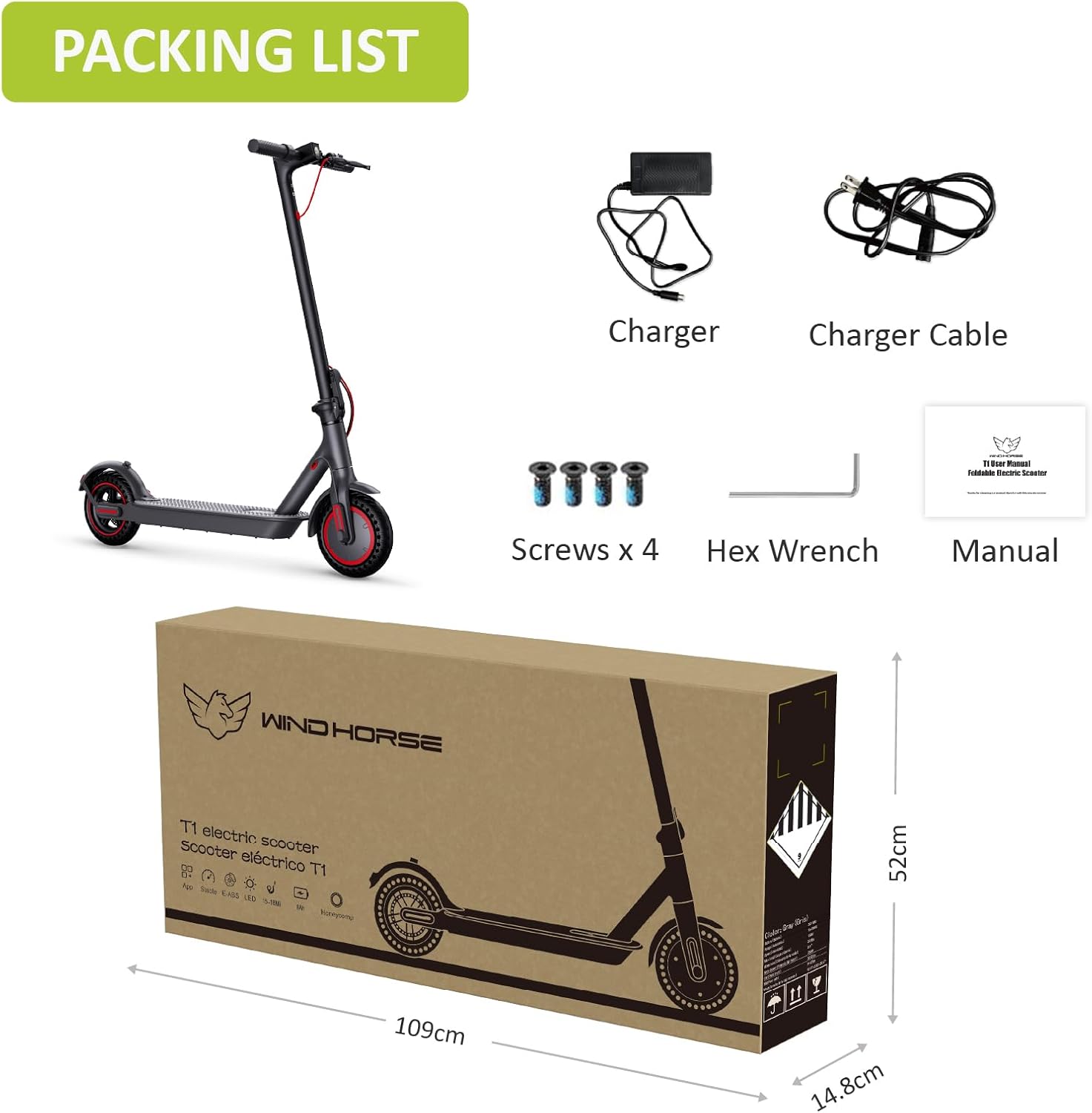 WindHorse T1 electric scooter package with charger and accessories