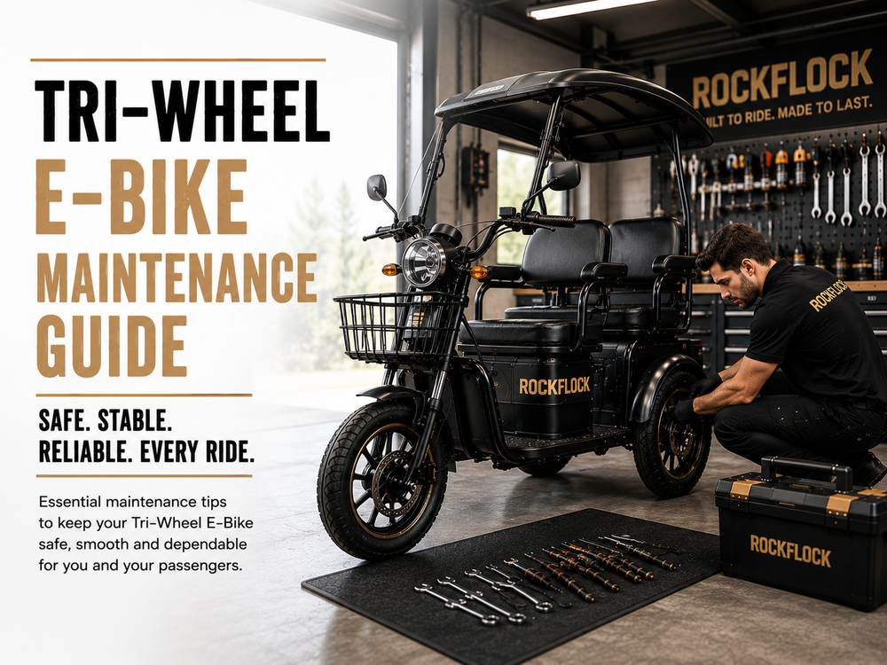 Tri-Wheel E-Bike Maintenance Guide card featuring professional maintenance of a family electric trike at the RockFlock workshop