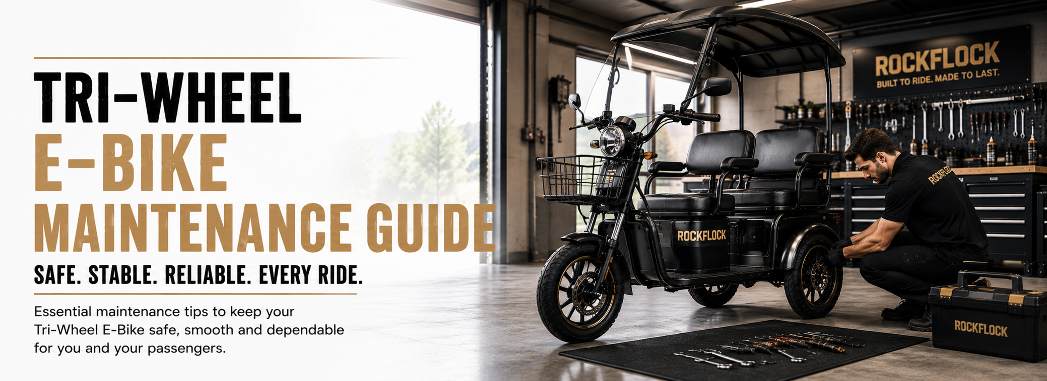 Tri-Wheel E-Bike Maintenance Guide banner featuring professional servicing of a family electric trike in the RockFlock workshop