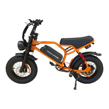 WindHorse V8 Mini orange fat tire hybrid e-bike side view with removable battery and dual suspension