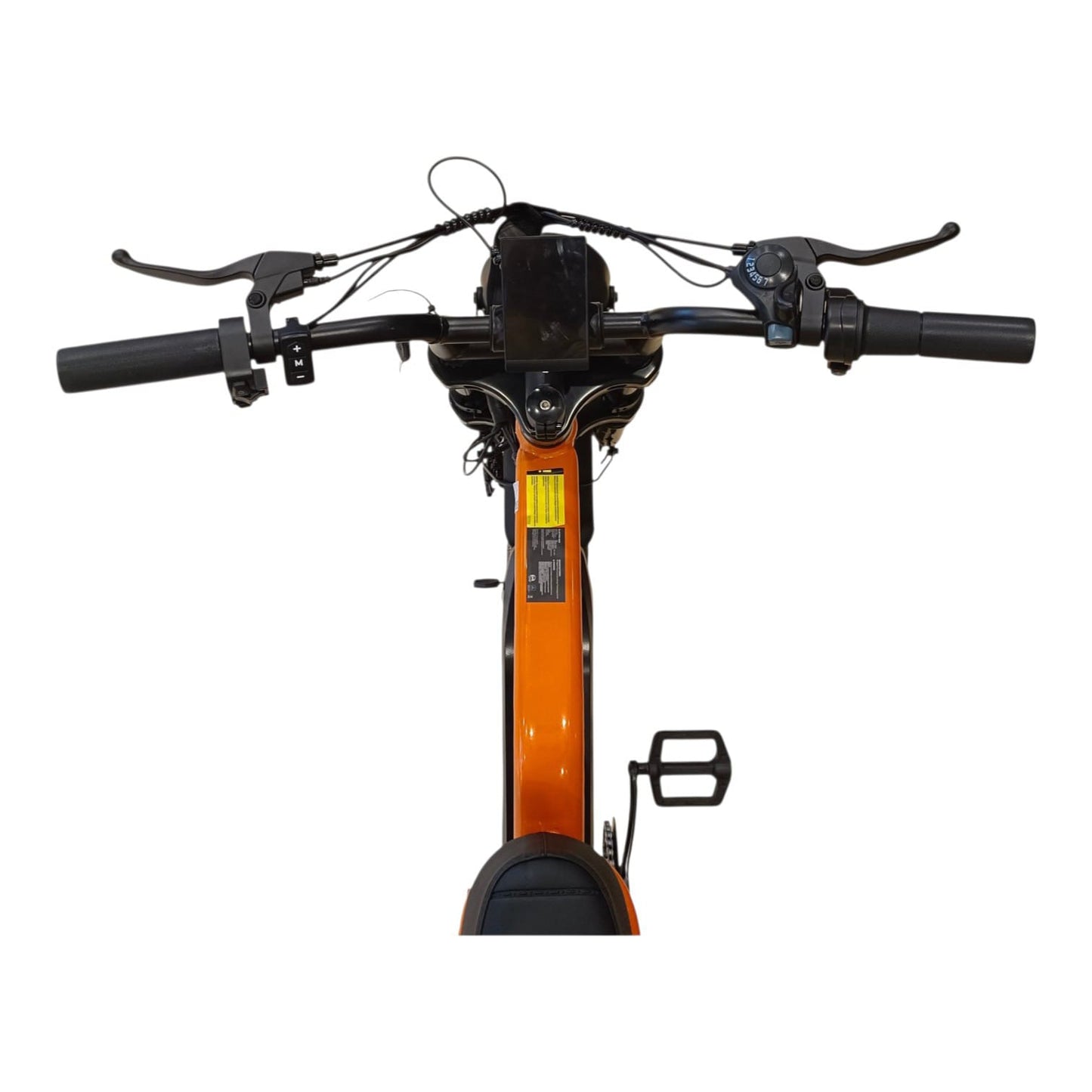 WindHorse V8 Mini hybrid e-bike handlebar view with LCD display, brake levers and control switches