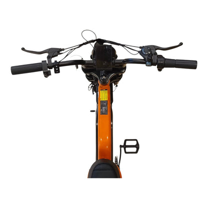 WindHorse V8 Mini hybrid e-bike handlebar view with LCD display, brake levers and control switches