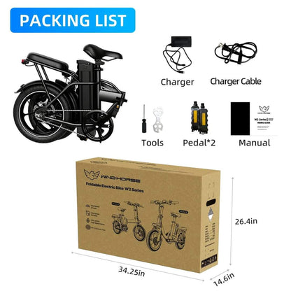 WindHorse W2A foldable electric bike packing list with charger and accessories