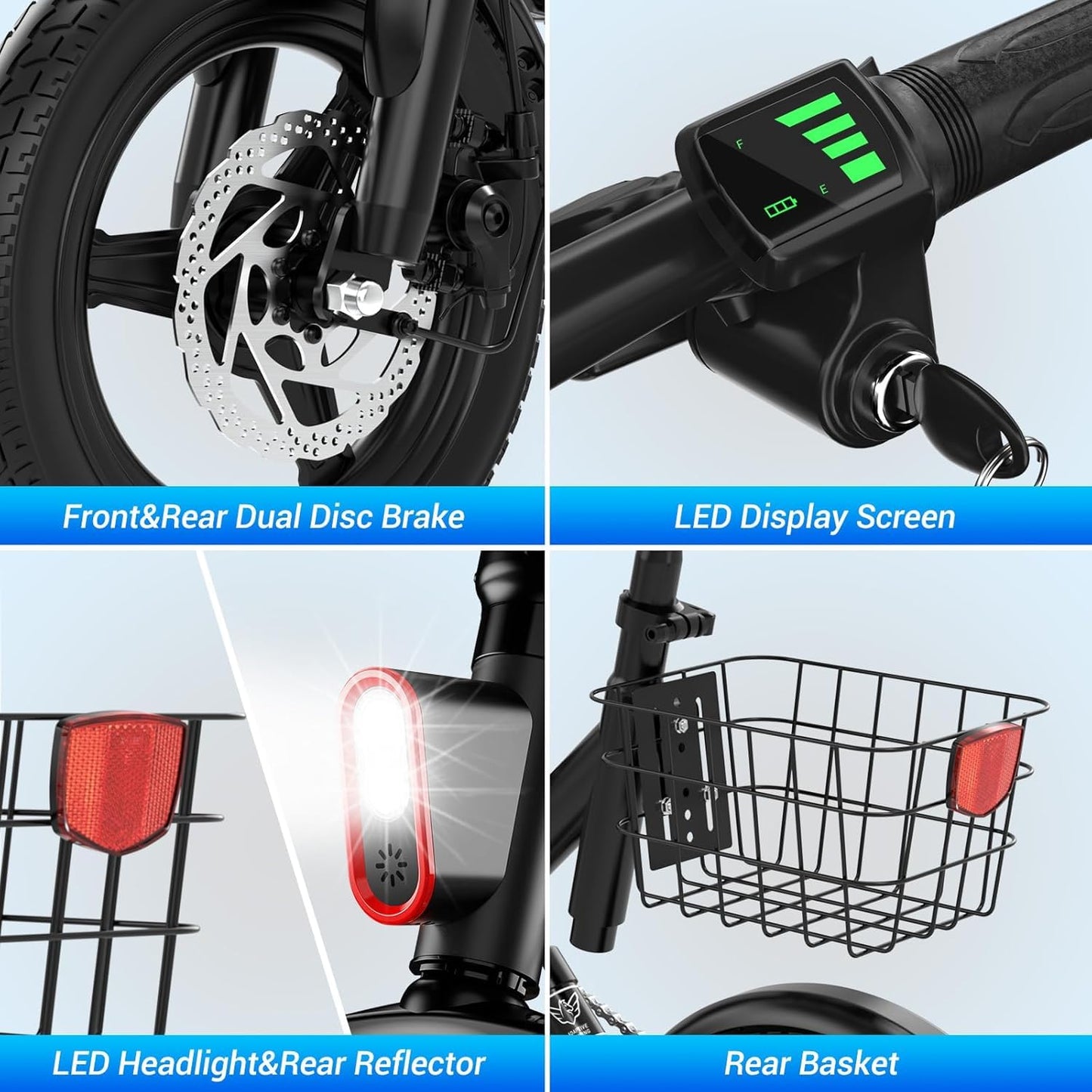 WindHorse W3 E-Bike dual disc brakes, display, LED light and rear basket