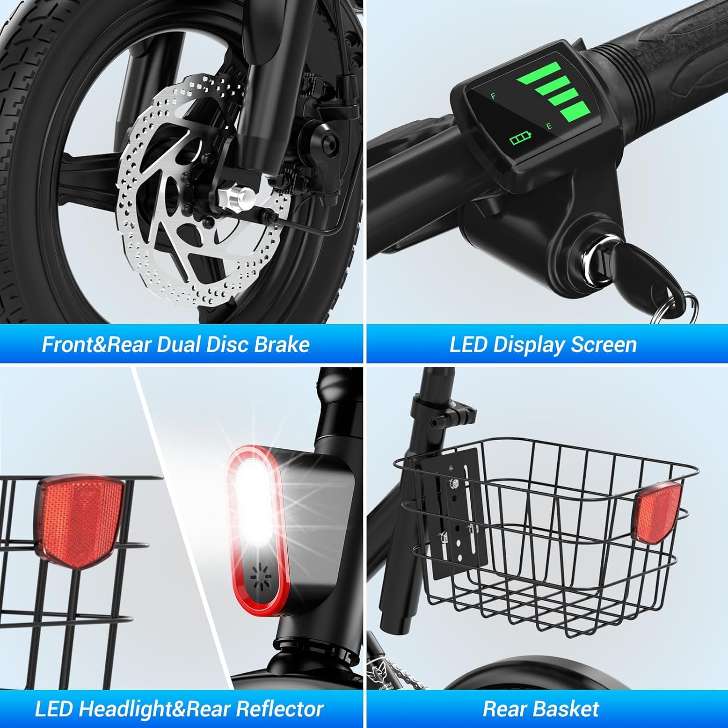 WindHorse W3 E-Bike dual disc brakes, display, LED light and rear basket