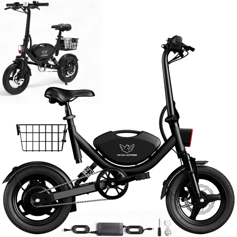 WindHorse W3 electric bicycle with rear basket, charger and accessories