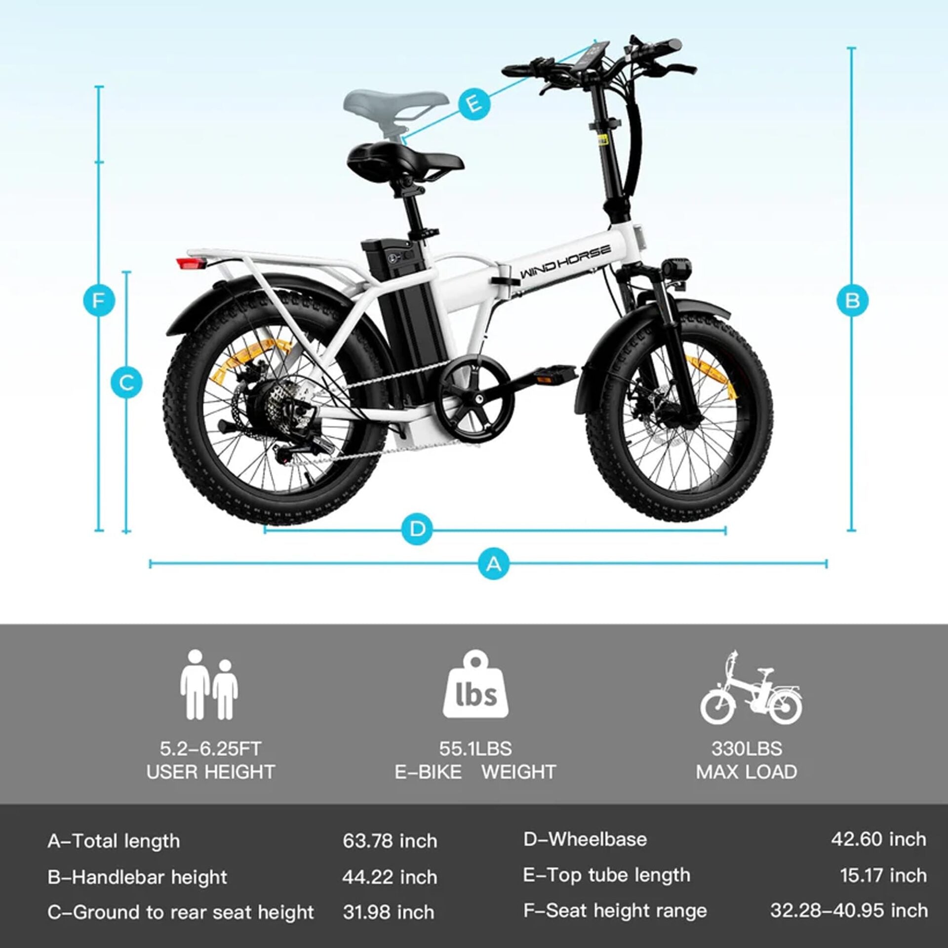 WindHorse W4A foldable fat tire e-bike dimensions with adjustable seat height