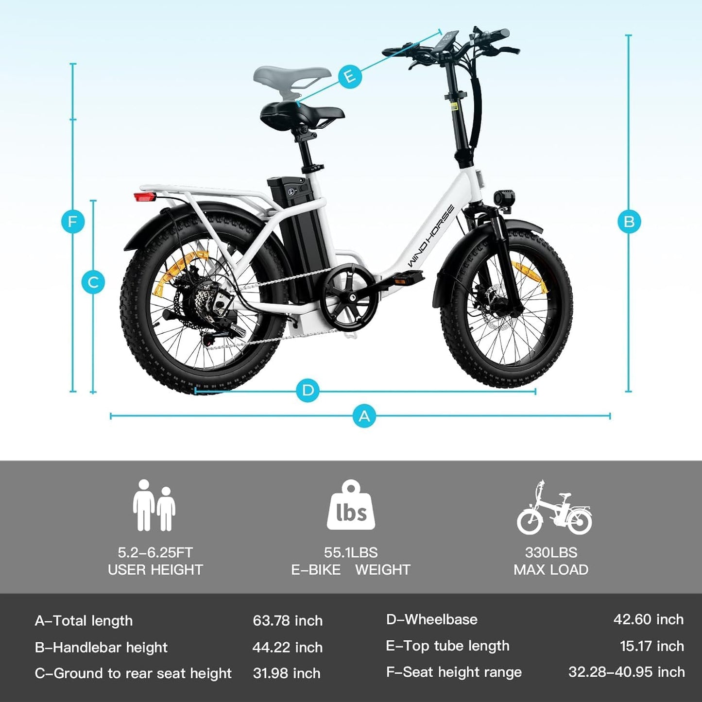 WindHorse W4B foldable fat tire e-bike dimensions and adjustable seat
