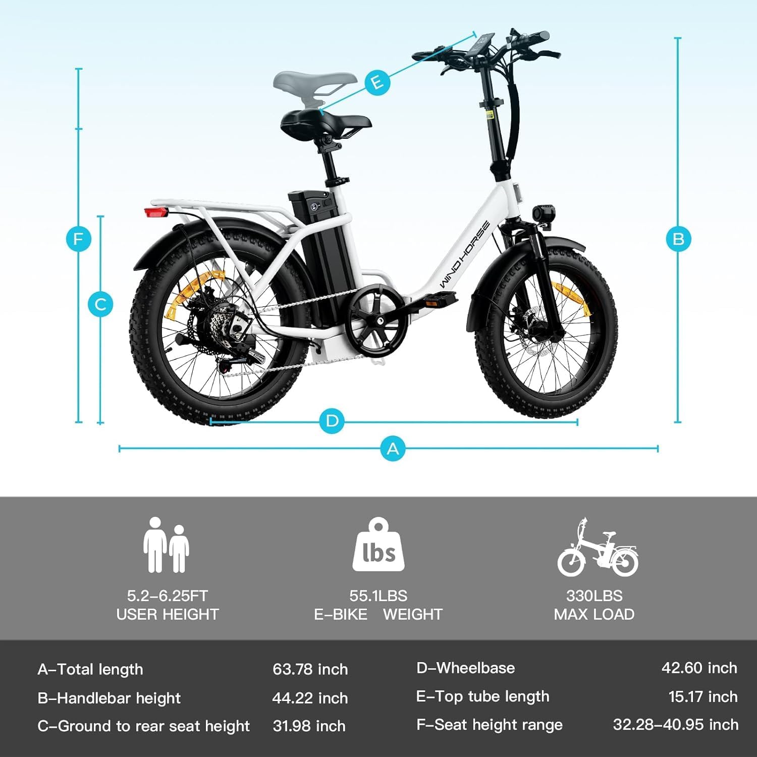 WindHorse W4B foldable fat tire e-bike dimensions and adjustable seat
