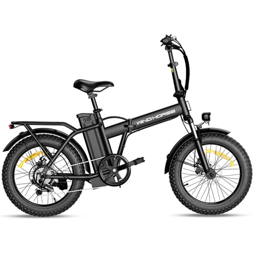 Black WindHorse W4A foldable pedal assisted fat tire 7 speed hybrid e-bike side view