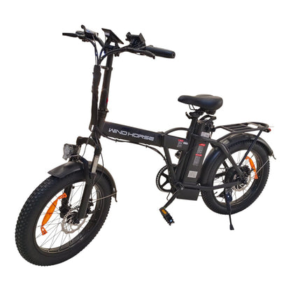 Black WindHorse W4A foldable fat tire hybrid e-bike with front suspension and rear rack