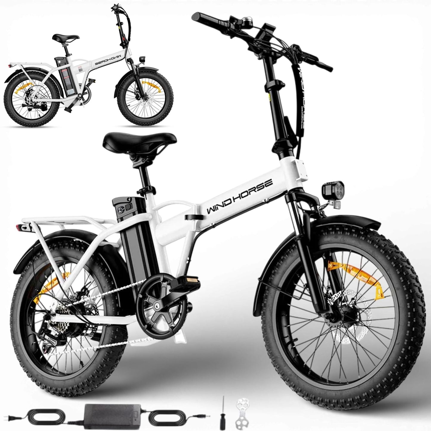 White WindHorse W4A fat tire 7 speed hybrid e-bike with charger and accessories