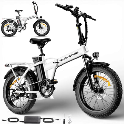 White WindHorse W4A fat tire 7 speed hybrid e-bike with charger and accessories