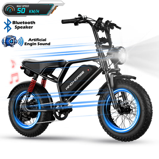 WindHorse V8 Mini fat tire hybrid e-bike with 50 km/h speed, Bluetooth speaker and artificial engine sound
