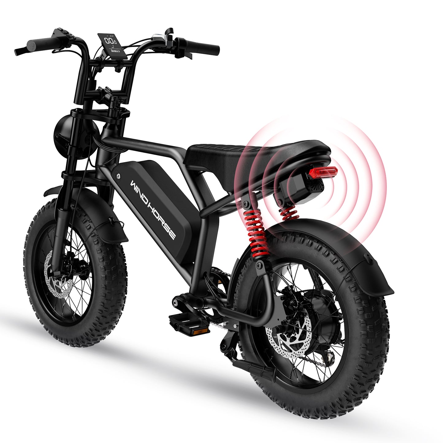 WindHorse V8 Mini hybrid e-bike rear view with dual suspension, fat tires, disc brake and tail light