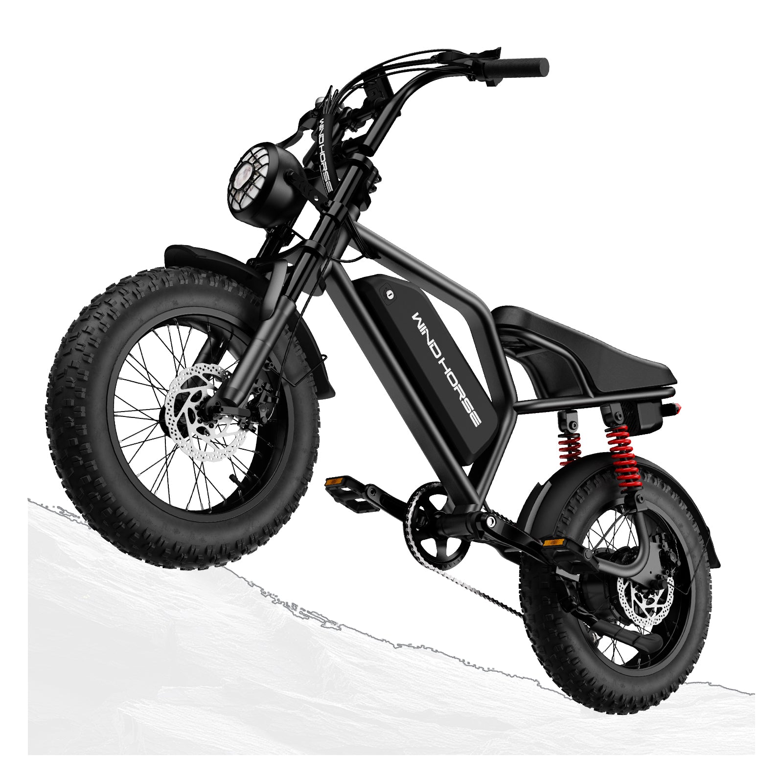 WindHorse V8 Mini fat tire electric bike climbing steep terrain with dual suspension and geared hub motor