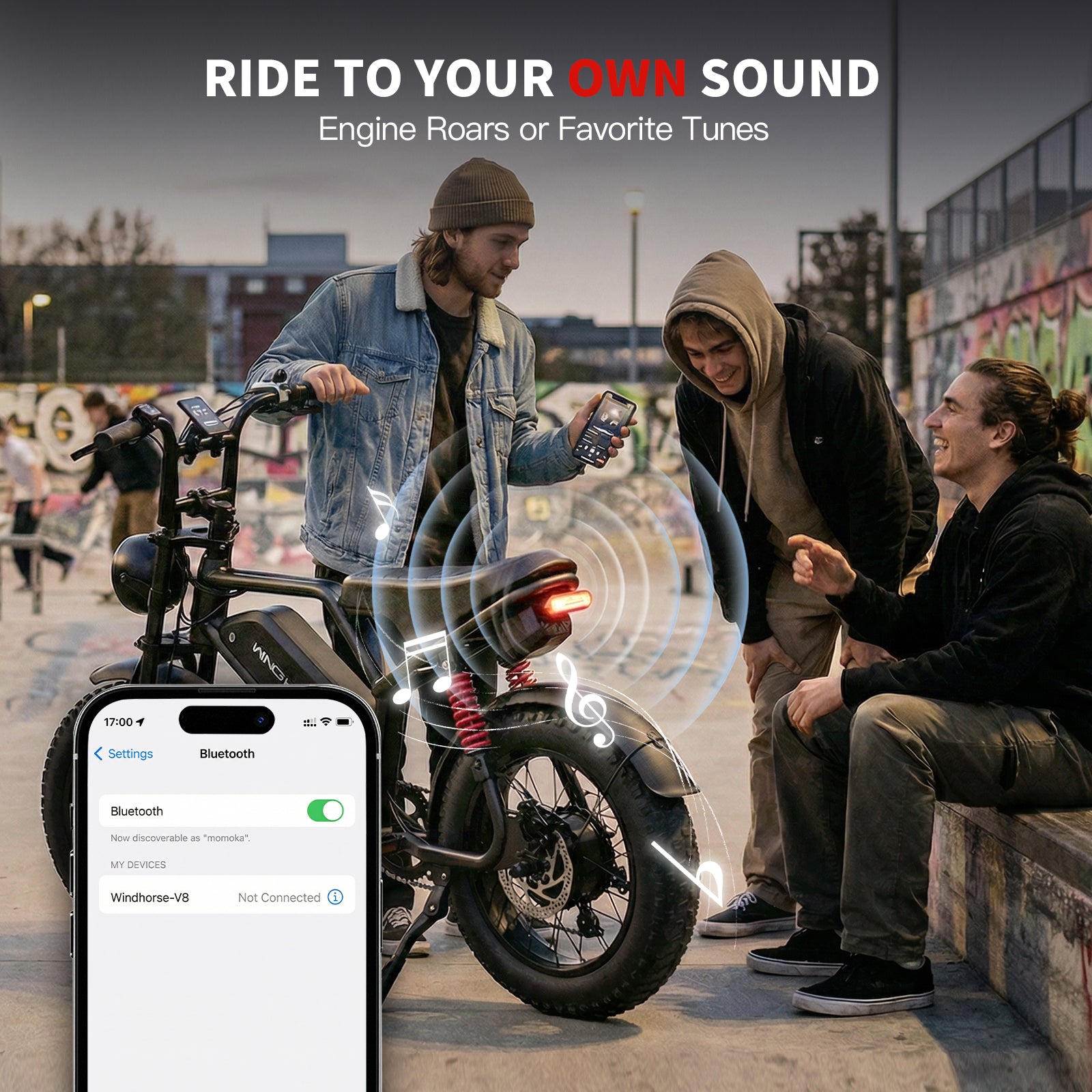 WindHorse V8 Mini e-bike with Bluetooth speaker for music playback and artificial engine sound