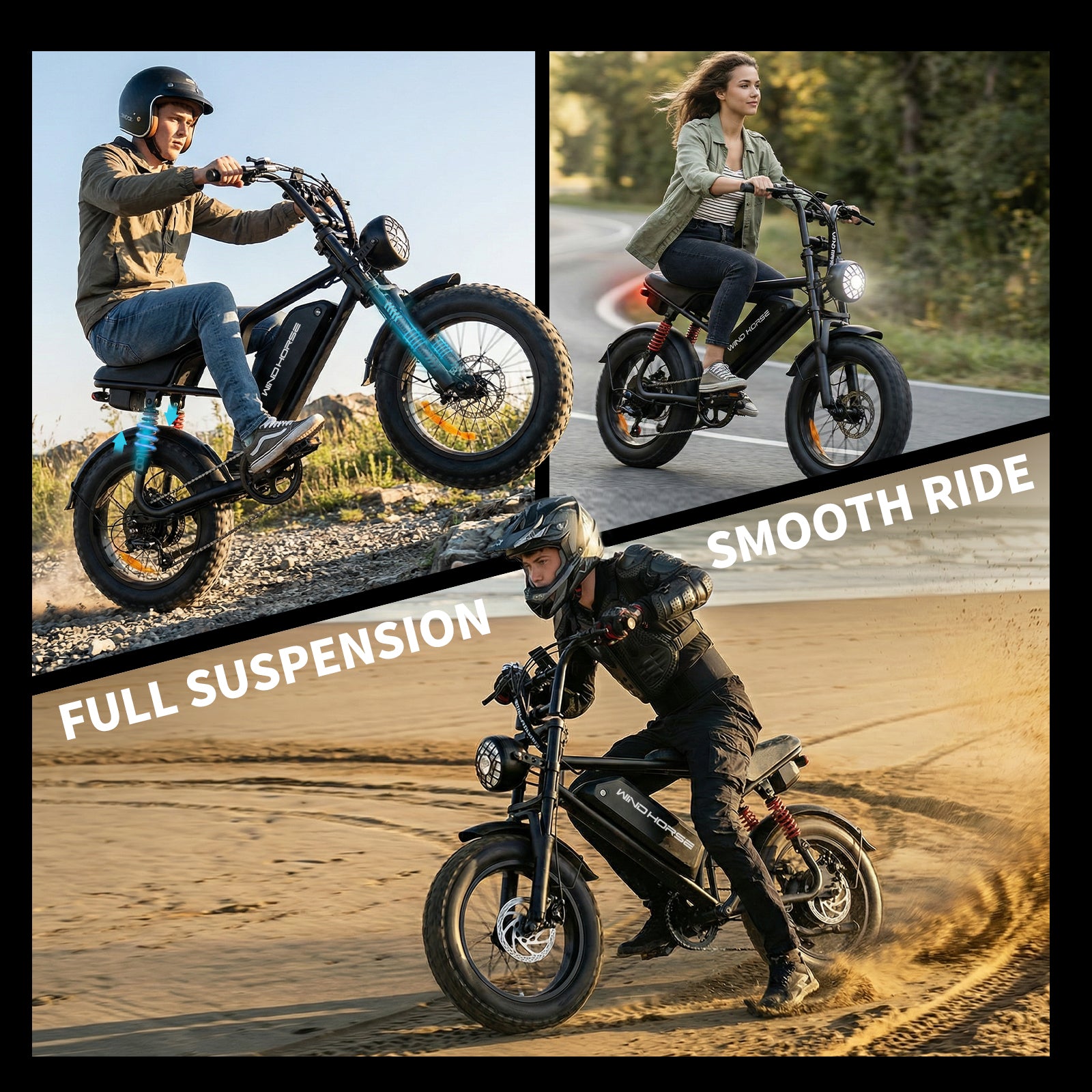 WindHorse V8 Mini multi-terrain fat tire e-bike with front and rear suspension for smoother riding