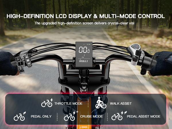 WindHorse V8 Mini e-bike LCD display with throttle, pedal assist, cruise and walk assist riding modes