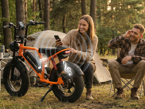 WindHorse V8 Mini hybrid e-bike with Bluetooth speaker for music and artificial engine sound while camping