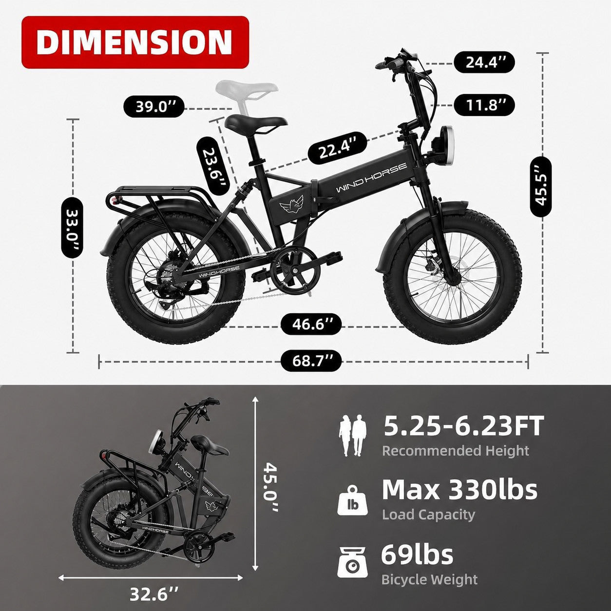 WindHorse WO Pro fat tire electric bike dimensions and folding size