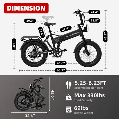 WindHorse WO Pro fat tire electric bike dimensions and folding size