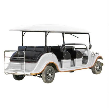 Classic Vintage Crusader 8 Seater Electric Golf Cart white color luxury passenger shuttle for resorts hotels and tourist attractions in UAE